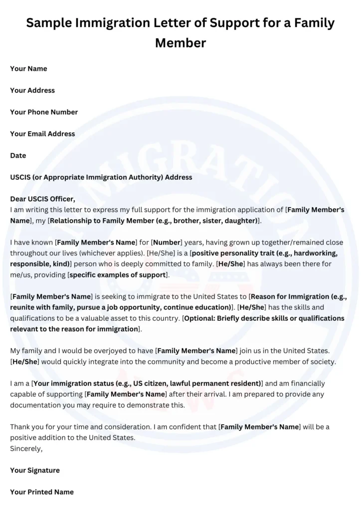 Sample Immigration Letter of Support for a Family Member